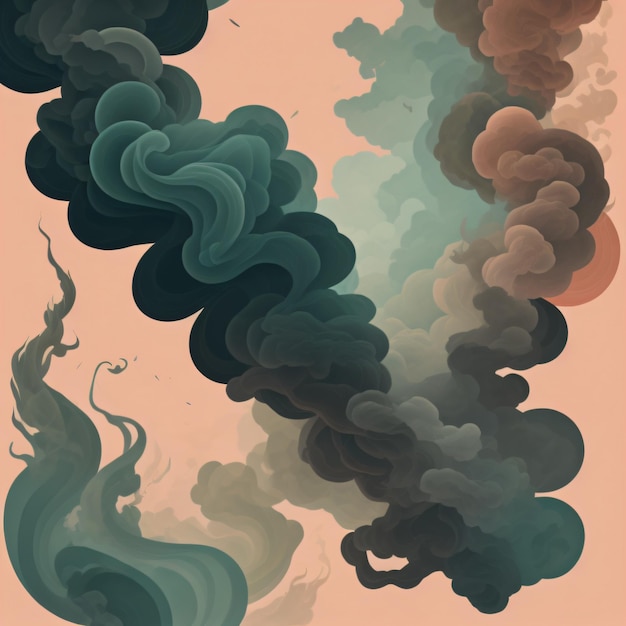 A painting of clouds and smoke with a sky background