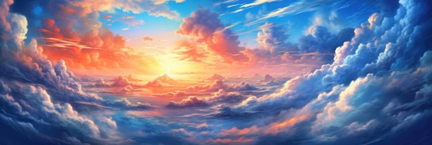 A painting of clouds with the sun setting behind it