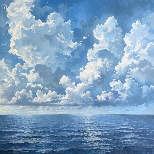Foto un dipinto di un oceano nuvoloso con una barca in lontananza generativo ai