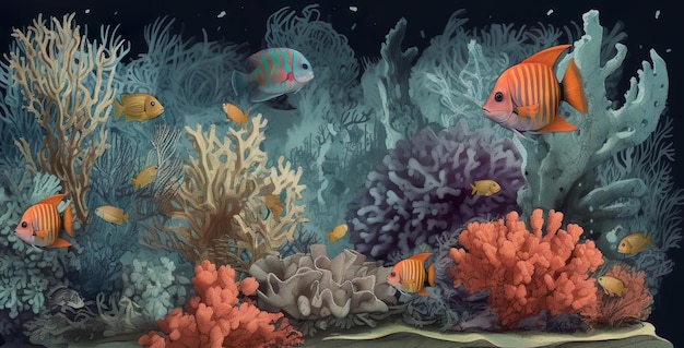 A painting of a clown fish and anemones illustration