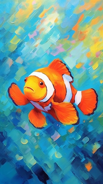 A painting of a clown fish with a scarf around its neck.