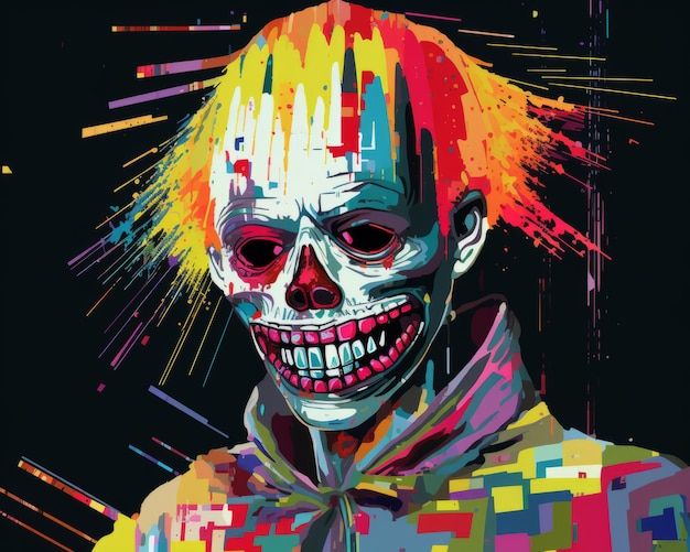 a painting of a clown with colorful hair and sunglasses