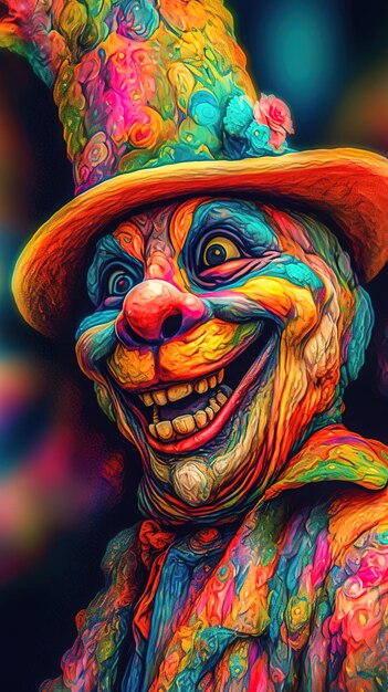 a painting of a clown with a colorful hat and a colorful hat