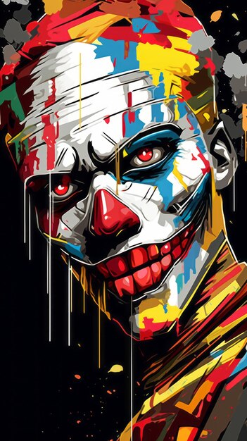 a painting of a clown with paint splatters on his face