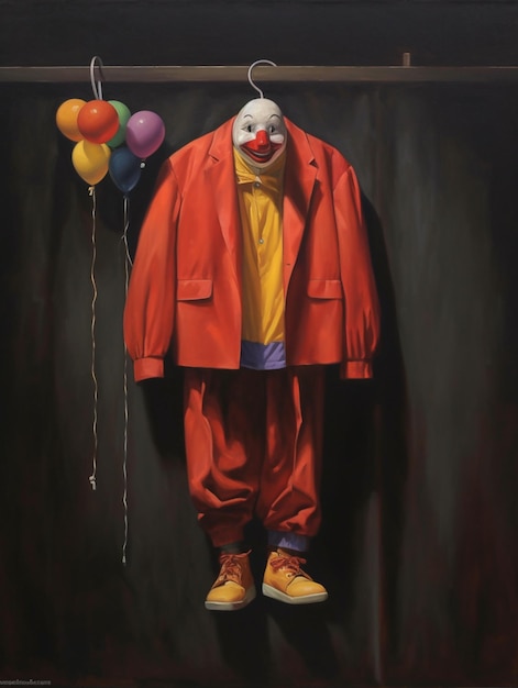 Foto pittura di un clown con una giacca rossa e camicia gialla e palloncini generativo ai