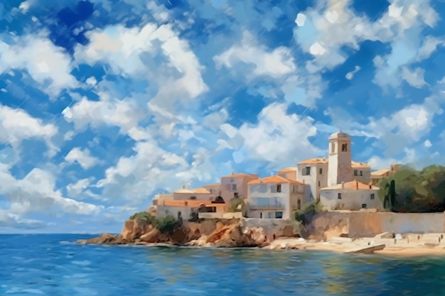 Photo painting of coastal town ai generative