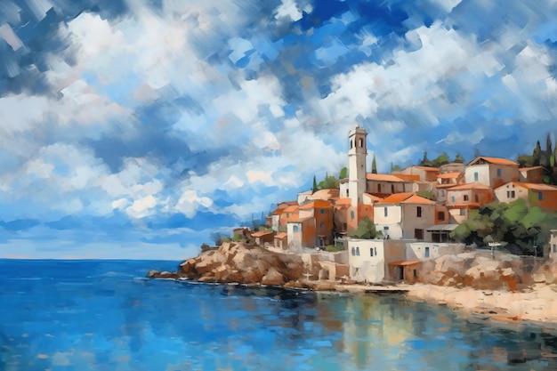 Photo painting of coastal town ai generative