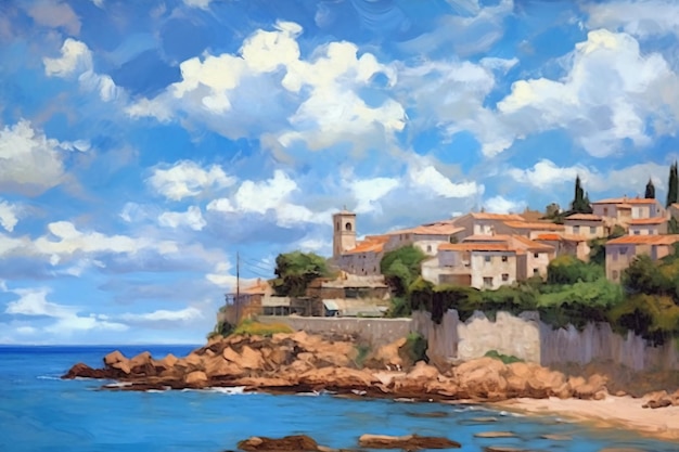 Photo painting of coastal town ai generative