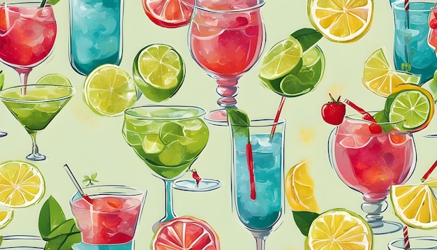 Photo a painting of cocktails and fruit with a lemon wedge
