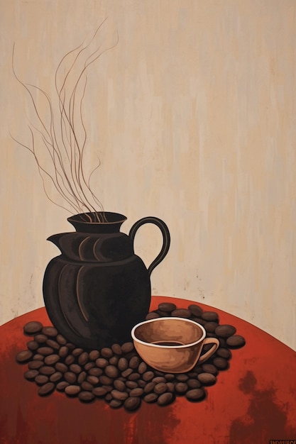 painting of a coffee pot and a cup of coffee on a table generative ai