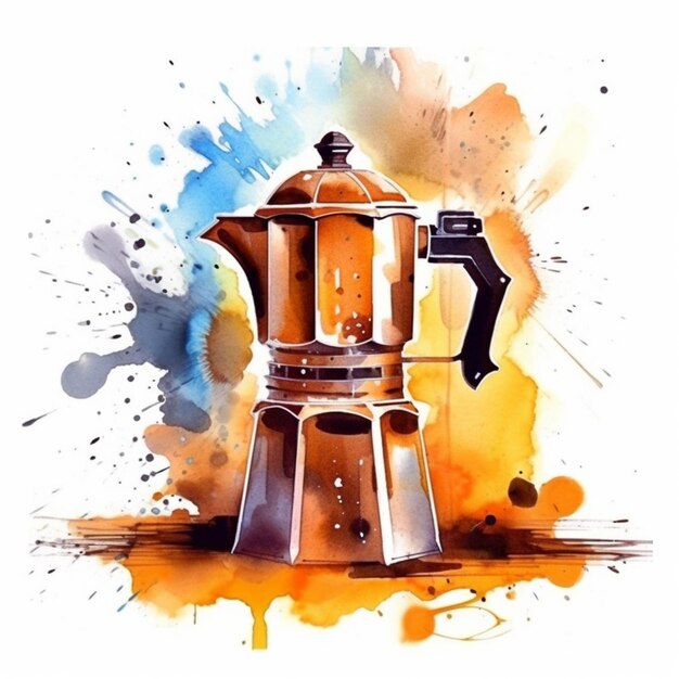 Photo a painting of a coffee pot with a handle on a table generative ai