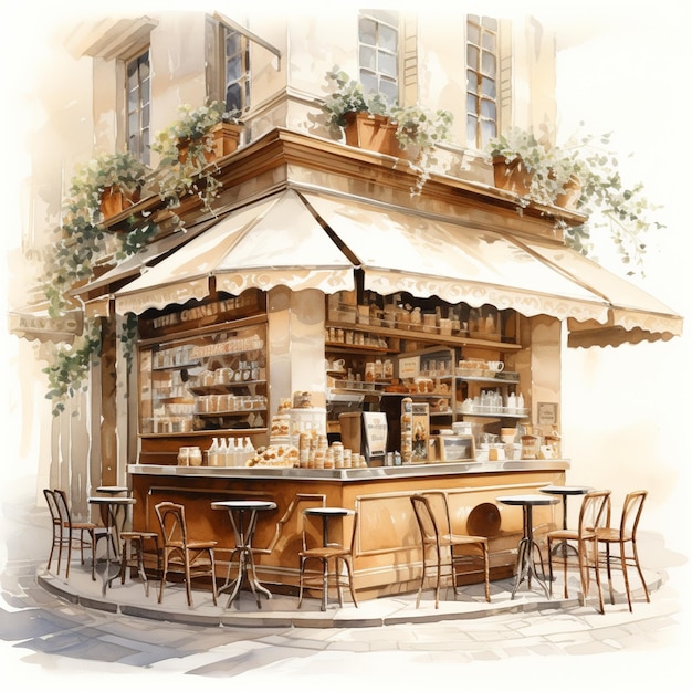 Painting of a coffee shop with tables and chairs on a street corner generative ai