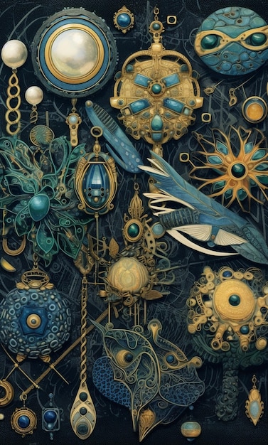 A painting of a collection of jewelry including a blue bird and a silver bird.