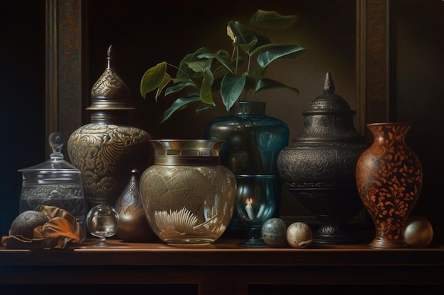 A painting of a collection of vases with a plant in the background.