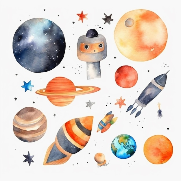 a painting of a collection of watercolor planets and rockets generative ai