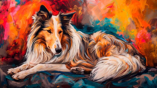 A painting of a Collie laying on a couch with a colorful background