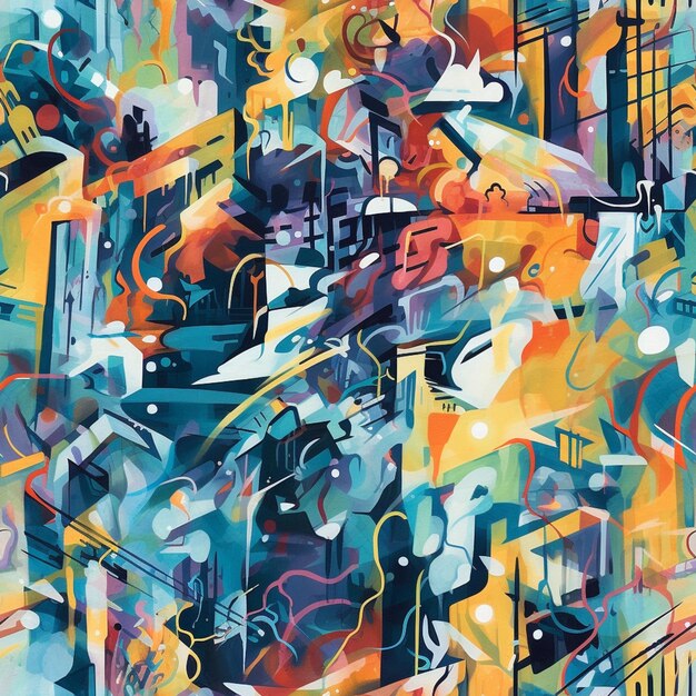 Painting of a colorful abstract painting of a city with lots of people generative ai