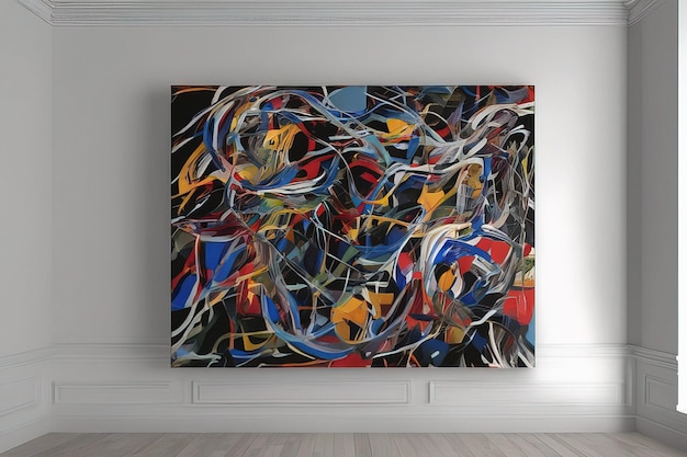 a painting of a colorful abstract painting on a white wall.