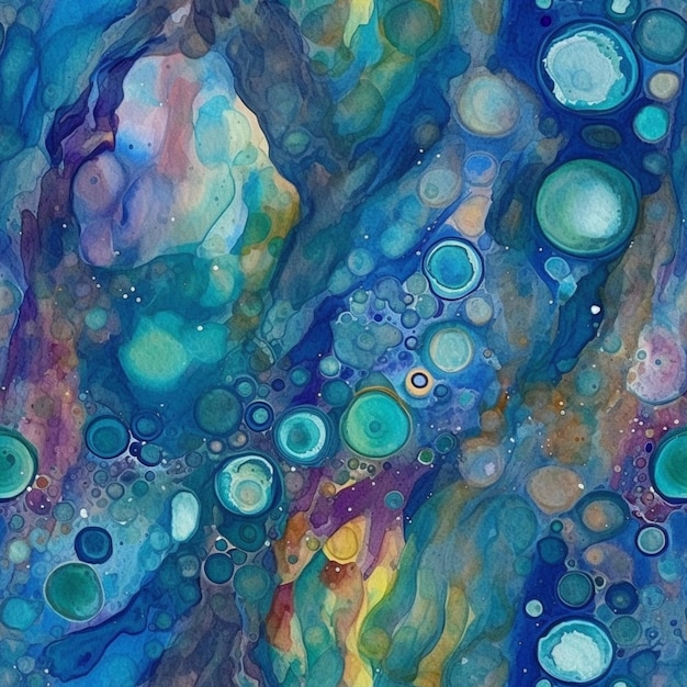 A painting of a colorful abstract painting with circles and the words " blue " on the bottom.