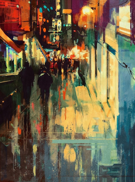 painting of colorful alley at night