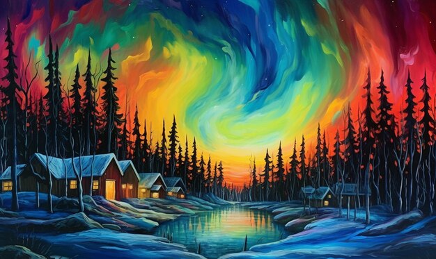 Painting of a colorful aurora bore over a lake with a cabin generative ai