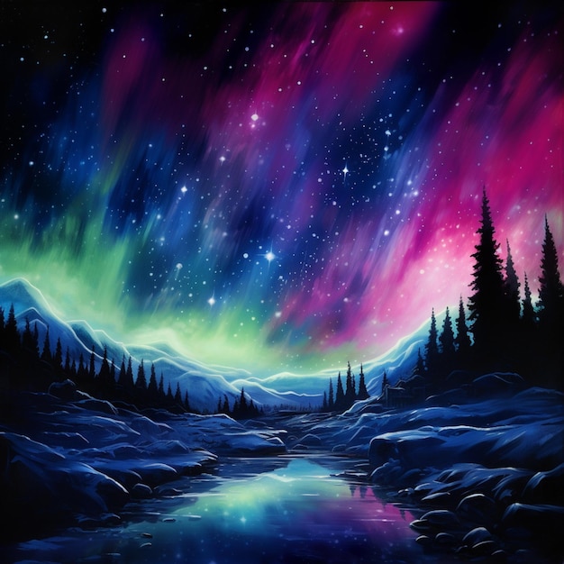 painting of a colorful aurora bore with a stream in the foreground generative ai