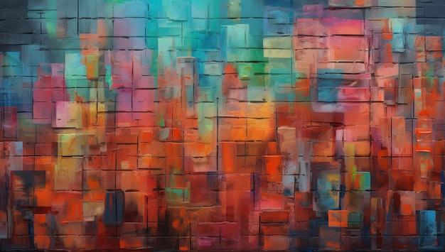 A painting of a colorful background with a grid of squares and the words'the word love '