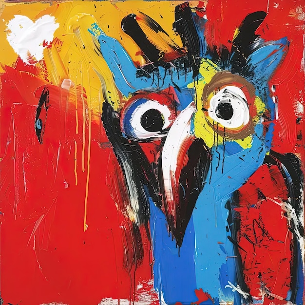 A painting of a colorful bird on a red background