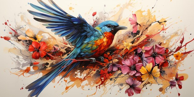 Painting of a colorful bird sitting on a branch of a tree generative ai