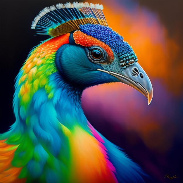 A painting of a colorful bird with a black background and the word on it