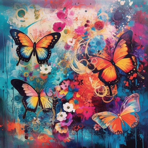 painting of colorful butterflies and flowers on a blue background generative ai