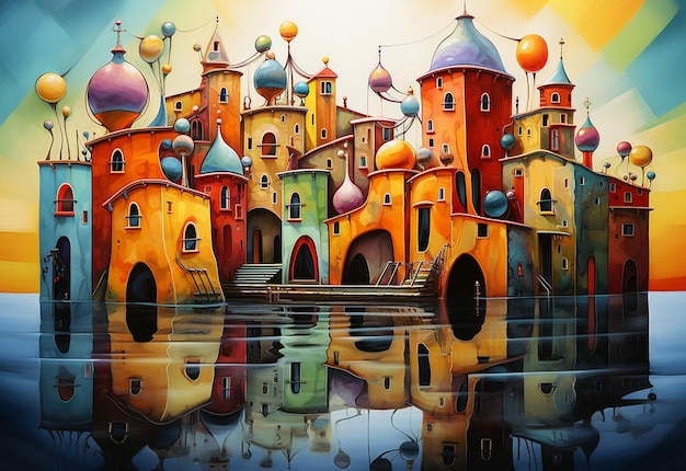 painting of a colorful castle with a reflection in the water generative ai