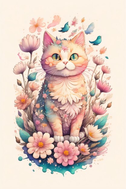 Painting of a colorful cat with blue eyes psychedelic art made of flowers digital illustration color