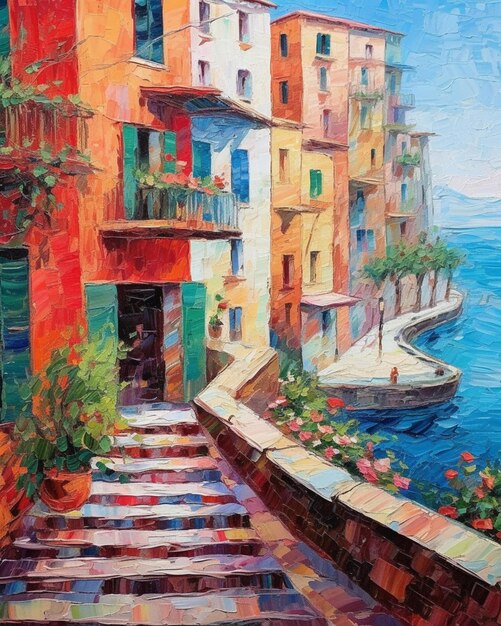 Photo painting of a colorful city by the water with boats generative ai