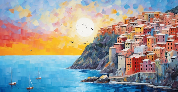 Painting of a colorful city on a cliff overlooking the ocean generative ai