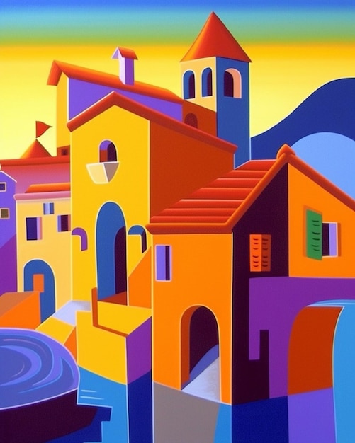 Painting of a colorful city with a fountain and a clock tower generative ai