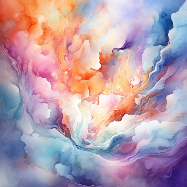 Painting of a colorful cloud filled sky with a plane flying by generative ai