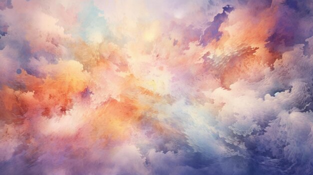 painting of a colorful cloud filled sky with a plane flying in the distance generative ai