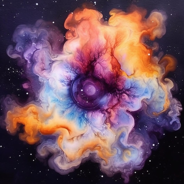 Painting of a colorful cloud of smoke in the shape of a flower generative ai