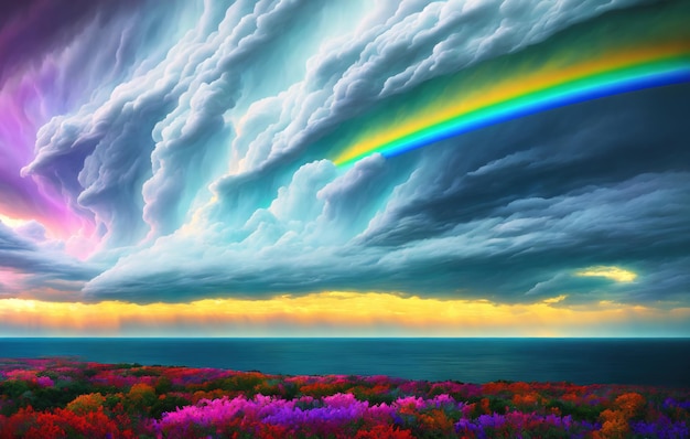 painting of colorful clouds over a body of water