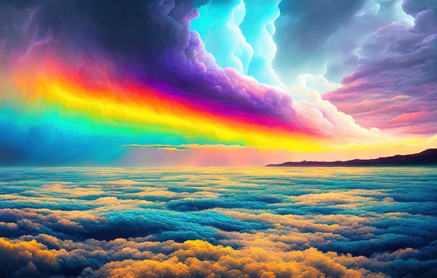 Photo painting of colorful clouds over a body of water