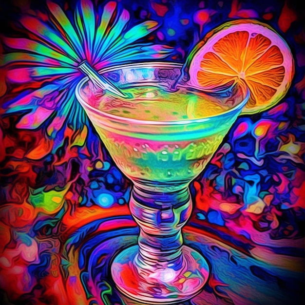 Foto dipinto di un cocktail colorato con una fetta d'arancia sul bordo ai generativa