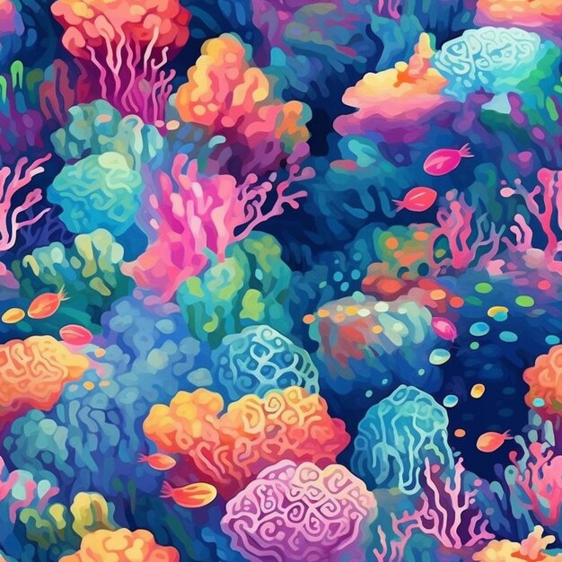 A painting of a colorful coral reef scene with fish and corals generative ai