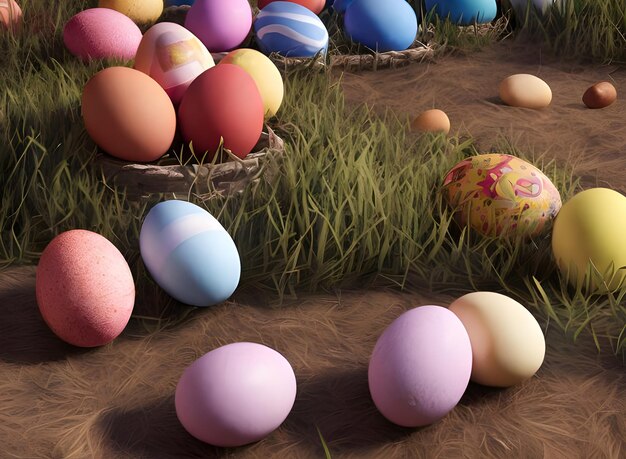 A painting of colorful easter eggs on the ground.