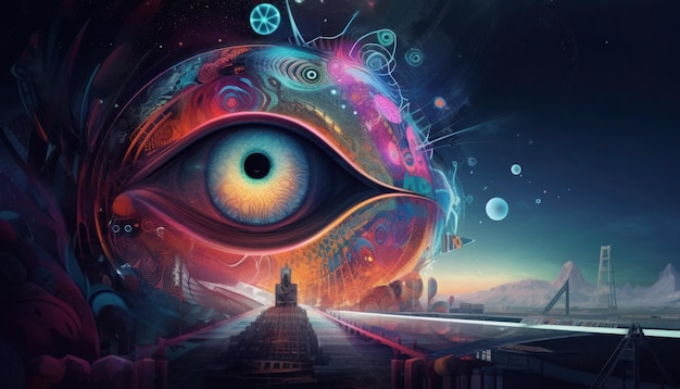 A painting of a colorful eye with a city in the background.