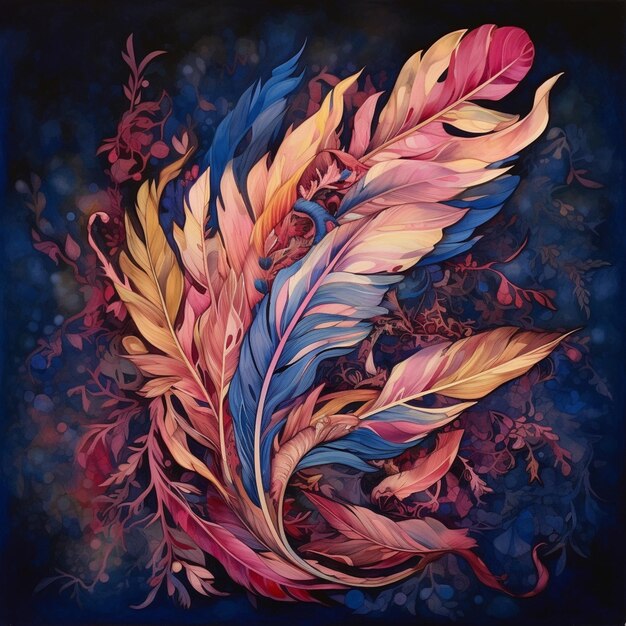 Painting of a colorful feather with a blue background generative ai