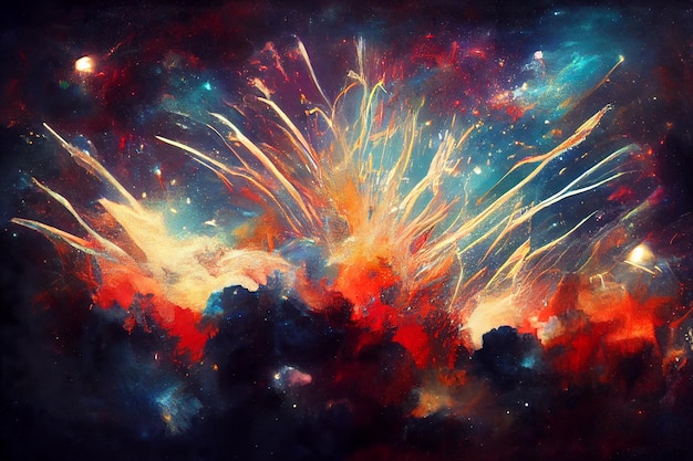 A painting of a colorful fireworks exploding in space