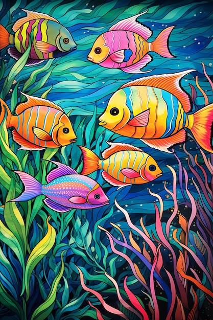 a painting of colorful fish in the water