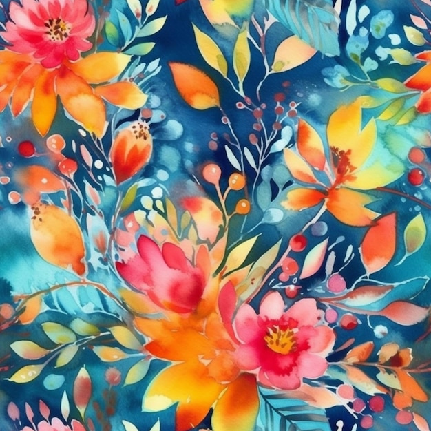 A painting of a colorful floral pattern with blue background generative ai