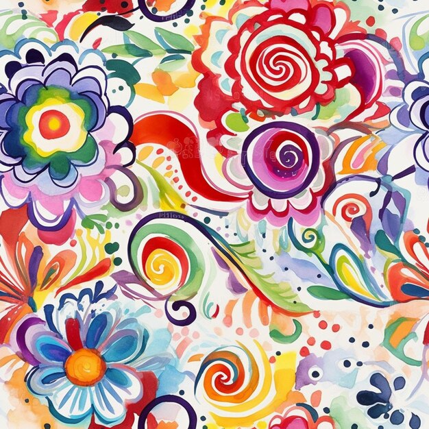 Photo a painting of a colorful floral pattern with swirls and dots generative ai